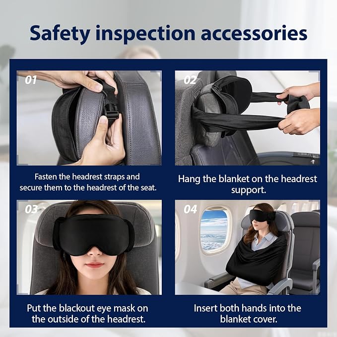 Airplane Sleep Support Set, 3 in 1 Airplane Sleep Support System | Travel Pillow Set for Long Flights, Ergonomic Memory Foam Neck Support with Blanket-Like Body Sling & Adjustable Sleep Mask - Image 3