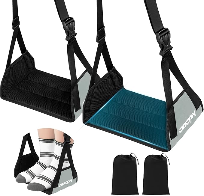 2-Pack Foot Hammock Plane Travel, No Collapse Thickened Bamboo Foot Rest | Portable Airplane Foot Sling Wing with Thickened Foam & Carry Bag, Long-Flight Travel Essential Designed to Relax Your Feet by ODCPN