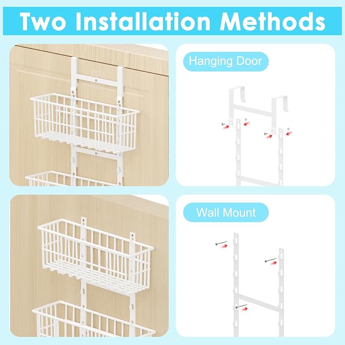 Hongtamoya Over The Door Organizer, Hanging Door Organizer with 5 Metal Baskets, Behind The Door Storage for Pantry Closet Bedroom Bathroom Cabinet Kitchen, White - Image 9