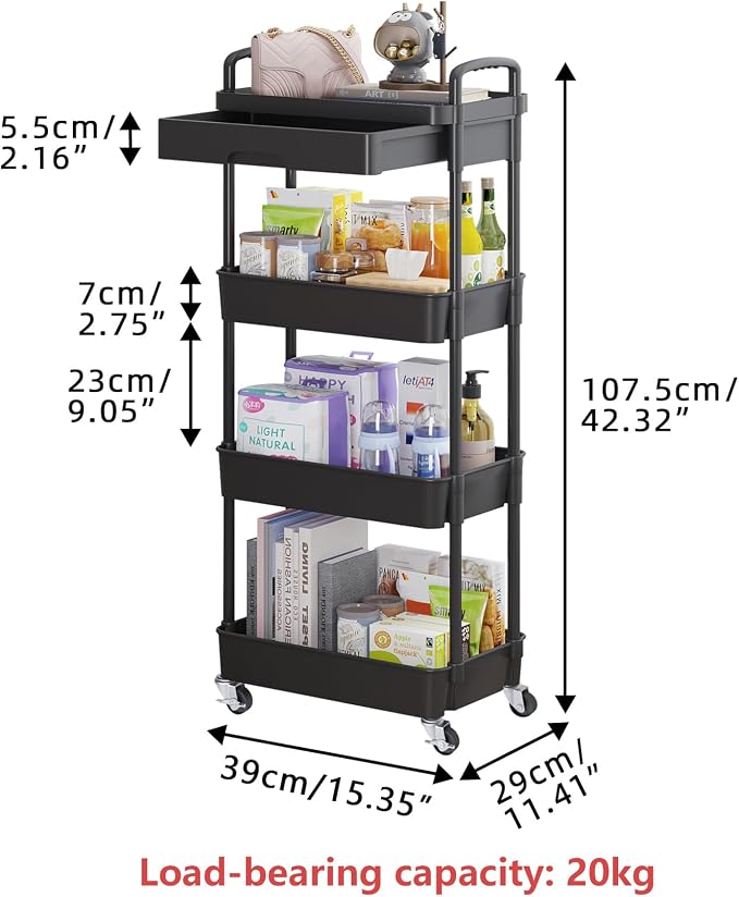 Calmootey 4-Tier Utility Cart with Drawer & Wheels, Storage for Home,Office | Space-Saving Organizer, Sturdy Plastic Shelves, Smooth-Rolling Metal Wheels, Built-in Drawer for Small Items, Black - Image 5