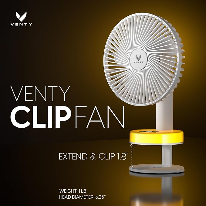 VENTY Portable Clip Fan - Rechargeable 10-Hour Battery Portable Fan - 360° Rotation & 90° Tilt - Stroller Fan, Desk Fan or Bedside Fan - Aromatherapy & LED Light - USB-C Rechargeable Clip On Fan - Image 3