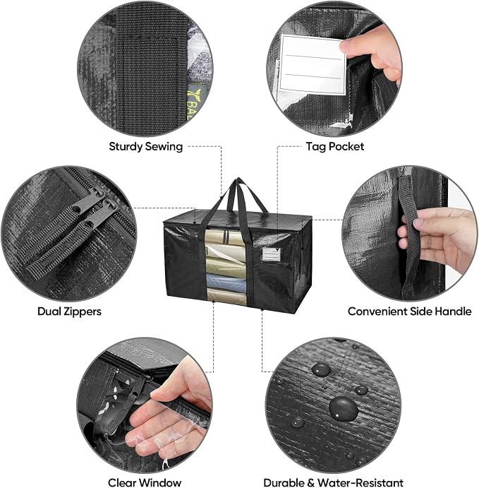 BALEINE 2-Pack Oversized Moving Bags with Reinforced Handles, Heavy-Duty Storage Tote Moving Supplies for Packaging, Camping (Black w/Window, 2-Pack) - Image 3