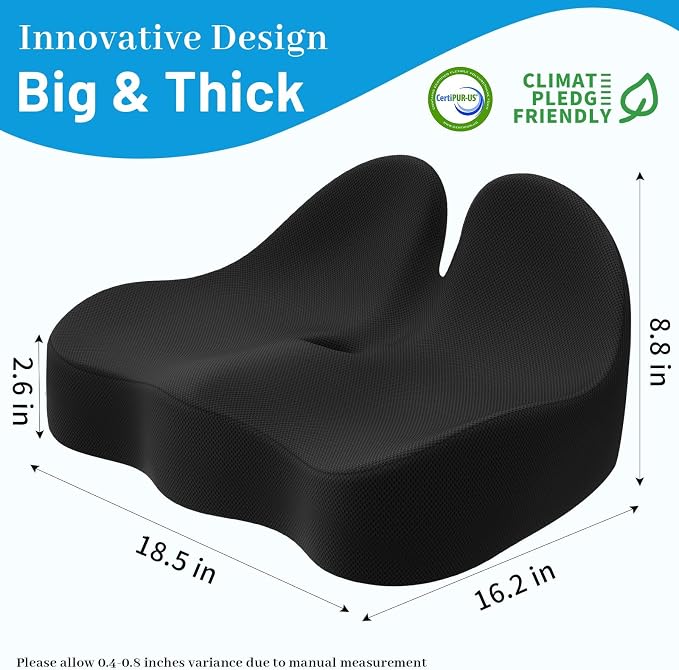 Memory Foam Seat Cushion, Ergonomic Office Chair Cushion for Long Sitting | Curved Tailbone Support Cushion for Car, Desk Chair and Wheelchair, Coccyx Comfort Pad with Breathable Cover, Black - Image 2