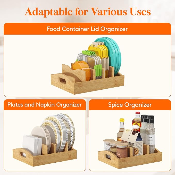 Lifewit Bamboo Lid Organizers for Inside Cabinet with 5 Sections | Food Container Lid Holder with 4 Adjustable Inserts, Kitchen Pantry organizer and storage, 10.6" X 8.3", Natural - Image 5