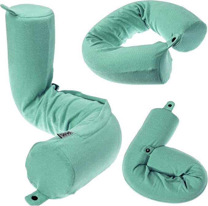 Dot&Dot Twist Memory Foam Travel Pillow, Bendable Neck Pillow for Airplane, Car and Home, 26-Inch Adjustable Roll with Washable Cotton Cover, Green by DotDot