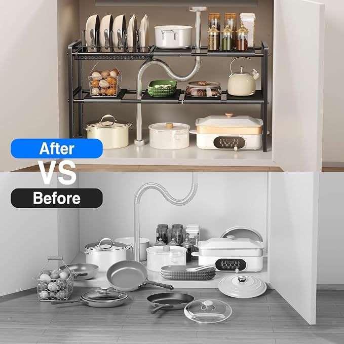 Mustorn Pots and Pans Organizer Under Cabinet, Expandable 2 Tier Under Sink Organizers and Storage Adjustable Height Kitchen Pot and Pan Lid Holder Rack with 6 Dividers(6panels,1 Pot rack, Black) - Image 3