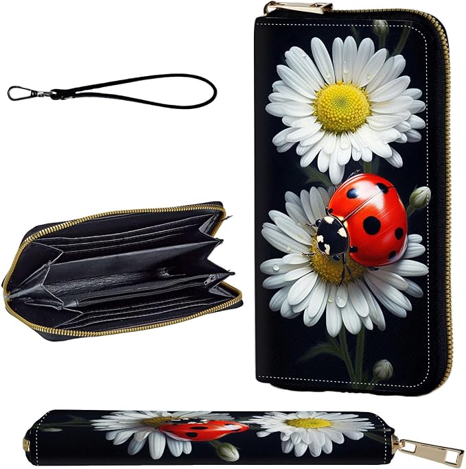 Wallet,Leather Long Wallet Suitable For Ladies And Teenagers - Detachable Wristband + RFID Travel Wallet With Card Slot - Ladybug on Daisy Flower by Unknown