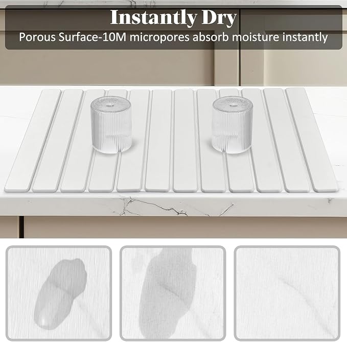 Large Stone Dish Drying Mats for Kitchen Counter, Fast Drying Collapsible Dish Drying Mat, Eco-Friendly Absorbent Diatomaceous Earth Mats for Dishes Cups, Match Any Countertop (White 28"×16" & 8"x4") - Image 4