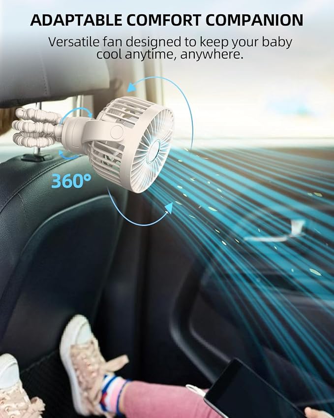 Portable Stroller Mini Fan, Small Rechargeable Personal Fan, Travel Essentials for Baby, Wagon, Car Seat, Treadmill, Battery Powered Biking Gear Accessories, 360° Rotation, 3-Speed, Display, Beige - Image 5