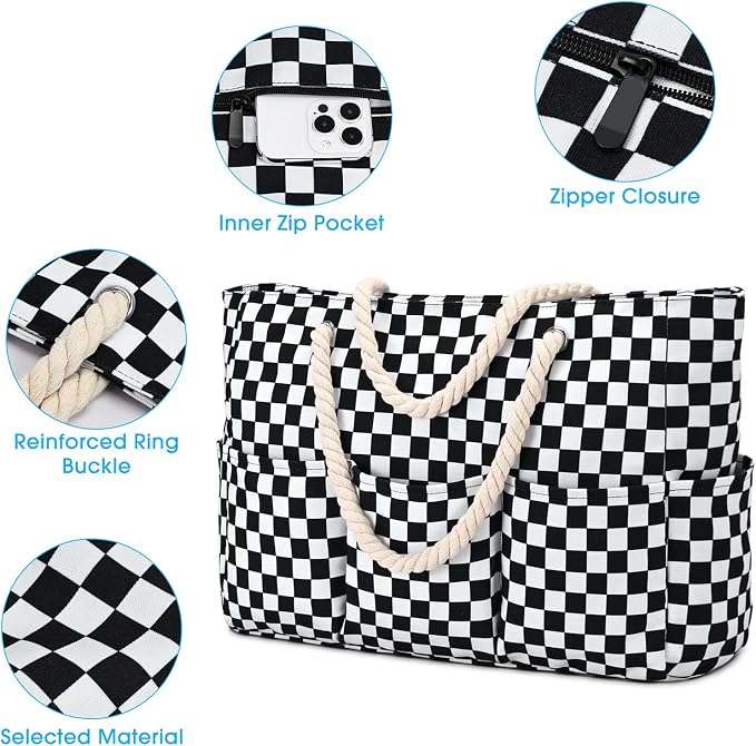 Becokan Beach Bags for Women Canvas Large Beach Tote Bag Zipper Waterproof Sandproof Foldable Swim Pool Bag with 7 Pockets - Image 4