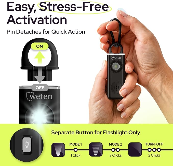 Women Safety Personal Alarm Keychain, 130dB Siren, USB-C, 2 Pack Black | Rechargeable, Carabiner Clip, Low Battery Alert, LED Light, Self Defense Whistle Alternative for Women - Image 3
