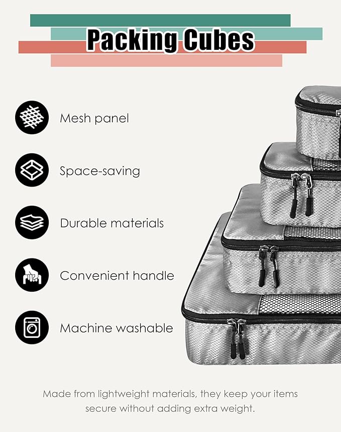 WTREE 4-Piece Packing Cubes Travel Accessories Set for Suitcases - Luggage Organizer Bags with Double Zipper - Mesh Top - Small/Medium/Large/Slim - Grey - Image 2