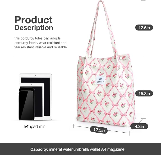 LHMTQVK Corduroy Tote Bags for Women, Large Capacity Tote Purse Reusable Grocery Shoulder Bag with Inner Pockets - Image 2