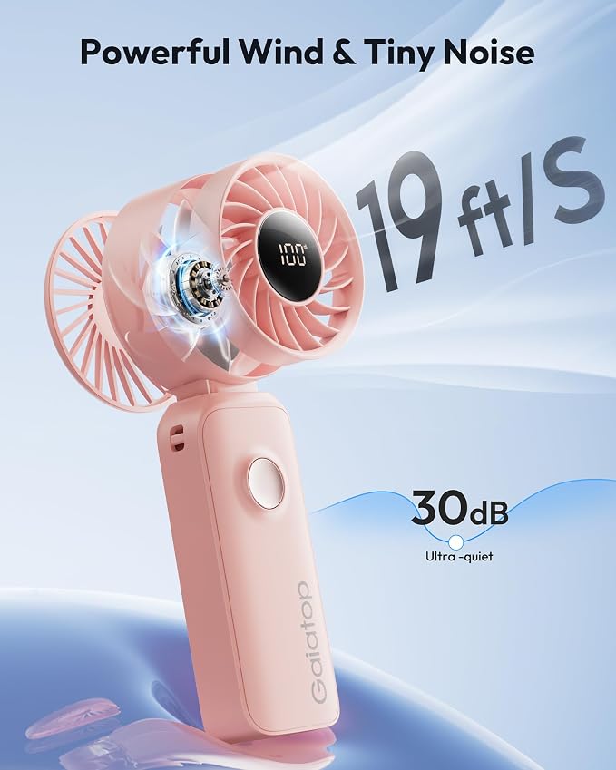 Gaiatop Portable Handheld Fan, Quiet 3 IN 1 Neck/Desk/Hand Fan | Max 18 Working Hours, 5 Speed Rechargeable Battery, Cooling for Travel, Beach, Women/Men Outdoor Activities Gifts Pink - Image 3