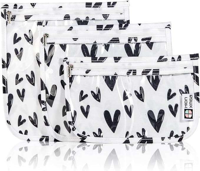 HIONXMGA Set of 3 Clear Travel Toiletry Bag, TSA Approved, Quart Size S/M/L | Clear Front Zipper Pouches Waterproof Cosmetics Bags for Women Kids Toiletries Baby Essentials Well-Organized Carry, Hearts by HIONXMGA