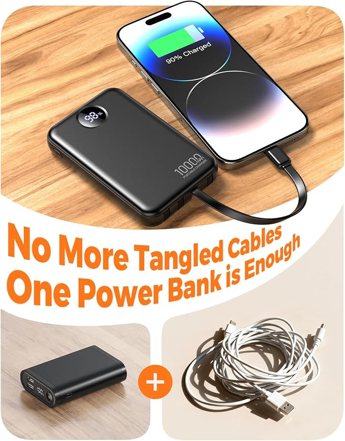 Portable Charger 10000mAh with 4 Built-in Cables 40% Smaller | Power Bank Fast Charging Battery Pack,LED Display Compact with Travel Charger for iPhone Other Devices-Black - Image 2