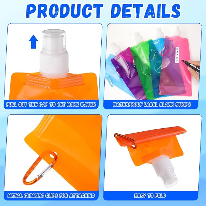 Teenyyou 36 Pack Collapsible Water Bottles Bulk 16oz Foldable Water Bottles with Carabiner Reusable Drinking Leak Proof Container Bags for Sport Biking Hiking Camping Travel Outdoor (12 Colors) - Image 3