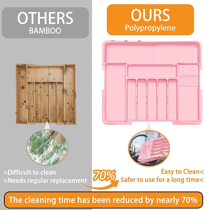Homecor Silverware Organizer - Expandable Large Kitchen Drawer Organizer Utensil Organizer with 2 Knife Block Inserts, 22"x 19"Cutlery Tray with Drawer Dividers for Kitchen Flatware (Pink) - Image 5