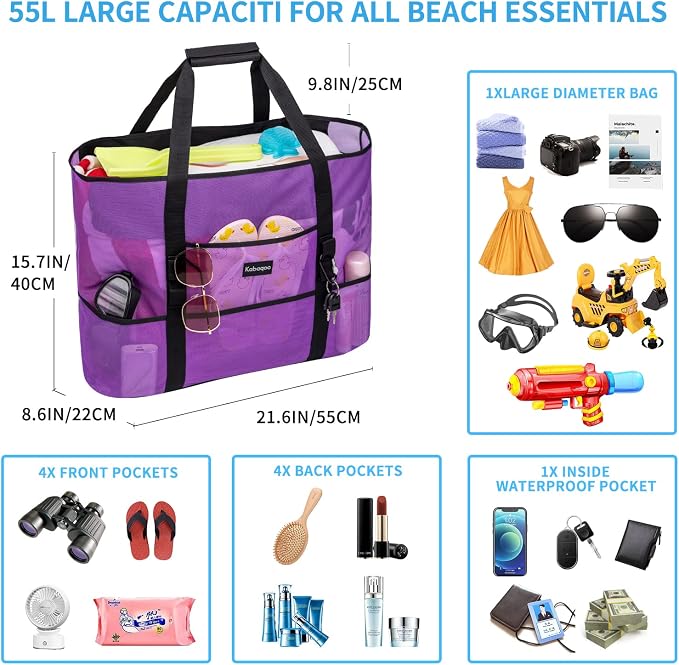 KABAQOO Mesh Beach Bag, Extra Large Beach Bags with 9 Pockets & Zipper Waterproof Lightweight Beach Tote for Beach/Pool Trip - Image 3