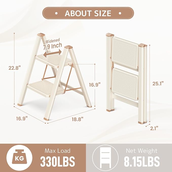 2 Step Ladder, Foldable Step Stool with Wide Anti-Slip Pedal | Portable, Sturdy Carbon Steel, 330LBS Capacity, Easy Storage, Space Saving, for Kitchen, Closet, Cream Chocolate - Image 6
