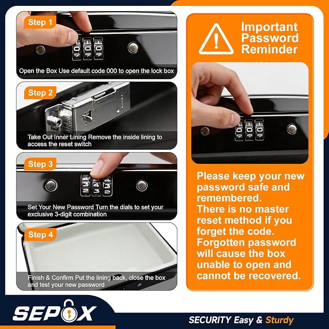 SEPOX 2PK Water Fire Resistant Steel Lock Box 3-Ft Cable Keyless Combo Safe | For Dorm Car Sports Office 2PK Fireproof Steel Case Lock Boxes Resettable Code 3-Ft Steel Cable Cash Passport Phone Valuables - Image 7