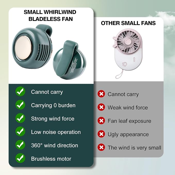 Small Clip Fan, Personal Waist Fans,Portable Silent Mini Bladeless Fan Clip On for Shirt,Whirlwind Bladeless, 3 Speeds,Clips on Waist Neck Fanes for Camping,Outdoor,Travel,Office (Green) - Image 8