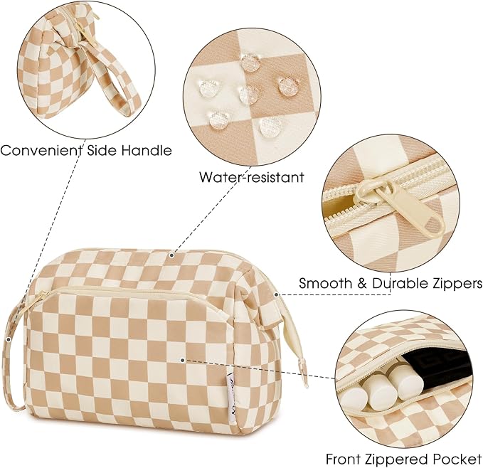 Narwey Large Checkered Makeup Bag Women Wide-open Make up Bag Travel Cosmetic Bag Organizer Toiletry Bag for Cosmetics Toiletries Accessories (Light Checkerboard) - Image 5