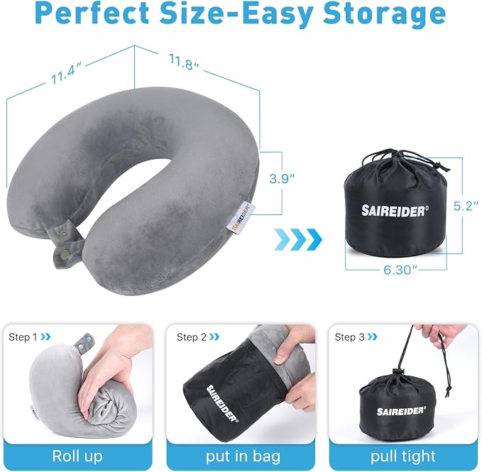 SAIREIDER Travel Pillows for Sleeping Airplane 100% Pure Memory Foam Neck Pillow for Airplanes Washable Cover with Storage Bag (Grey) - Image 6