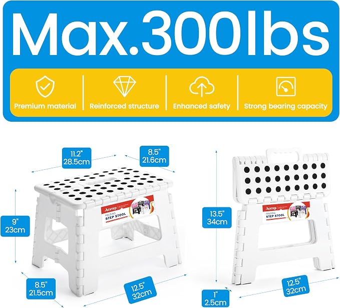 9 Inch Folding Step Stool for Kids and Adults, Holds 300 lb, White | Heavy Duty Foldable Stools, Lightweight, Non-Slip, for Toddler, for Kitchen Bathroom Bedroom Outdoor, Collapsible with Handle - Image 4