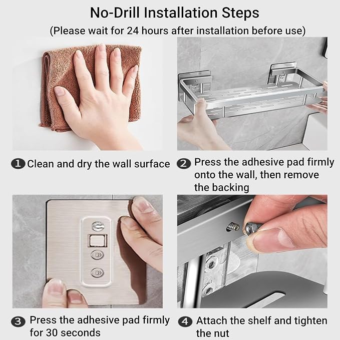 Shower Organizer and Storage: Aluminum Shower Caddy Adhesive Bathroom Shelves No Drill Wall Mount Bathroom Rack with Hooks and Towels Rod for Inside Shower (2 Pack) - Image 8