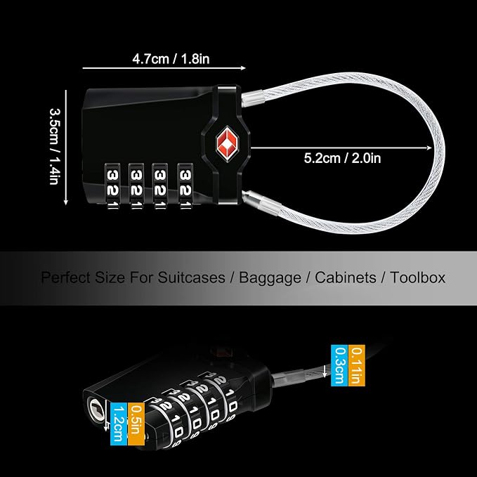 Diyife 2 Pack TSA Luggage Locks, 4 Digit Travel Combination Padlock | with 14cm Flexible Cable for Suitcase Luggage Backpack School or Gym Cabinet (Black) - Image 5