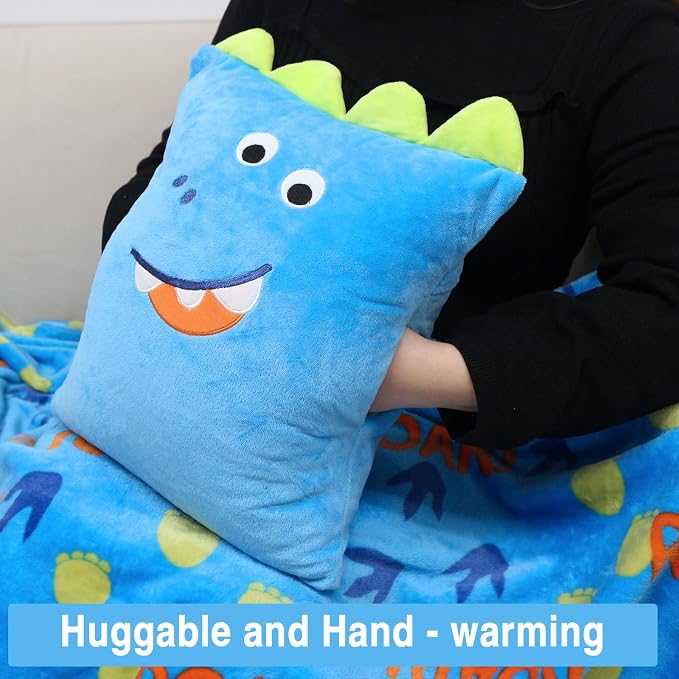 3 in 1 Dinosaur Kids Travel Pillow and Blanket Set | Plush Pillow with Hand Warmer,40x60 Inch Blanket and Pillow Set for Boys Birthday Christmas Party Favors and Travel Essential - Image 5
