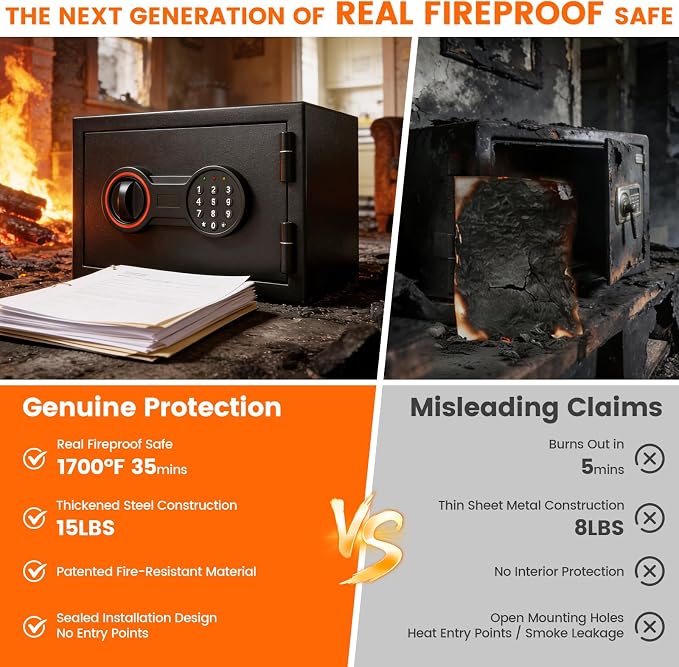 [2026 0.5H 1700°F] Mini Fireproof Safe, 14.8Lbs Heavy Duty Fire Safe Box | with Alarm System, Sensor LED Light, Wall Mountable Small Safes for Home Use - Image 3