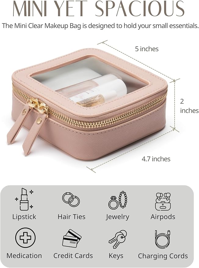 Small Clear Makeup Bag for Purse, Travel Cosmetic Case, Mauve, Mini | Waterproof PU Leather, Transparent Square Make Up Pouch with Zipper, Tiny Pink Toiletry Organizer Bag Women Car Essential Bag - Image 4