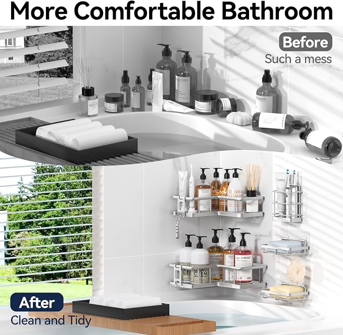 Corner Shower Caddy Adhesive, 100% Rustproof Shower Organizer with Soap and Troothbrush Holder, No Drill Shower Shelf for Inside Shower, Wall-Mounted Shower Storage for Homes (5 Pack, Silver) - Image 8