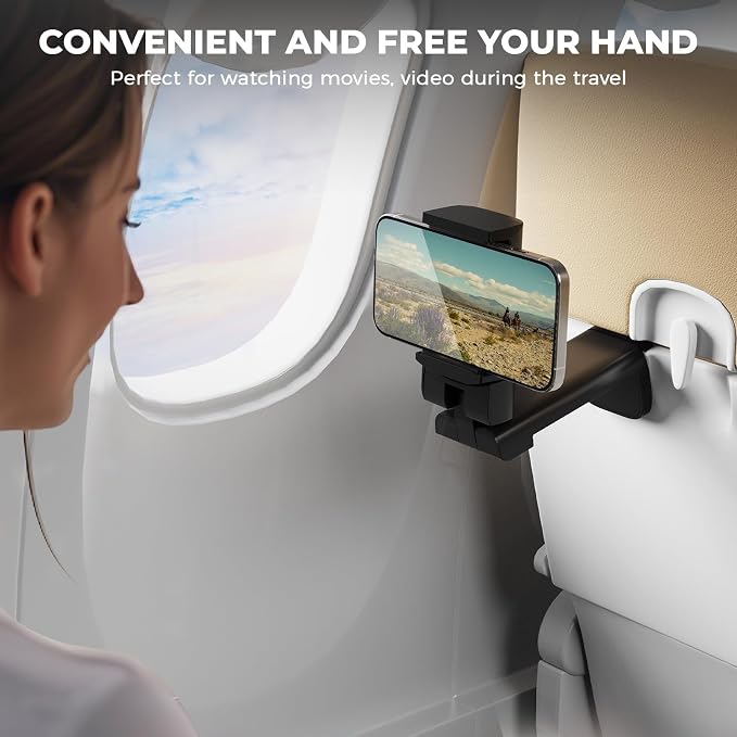 Airplane Phone Holder, Dual 360° Rotation Plane Phone Holder Travel Essentials for Long Flight, Desk, Tray, Compact Cell Phone Mount w/ Durable Automatic Spring Clamp, Phone Gadget for Long Trip, Gym - Image 2