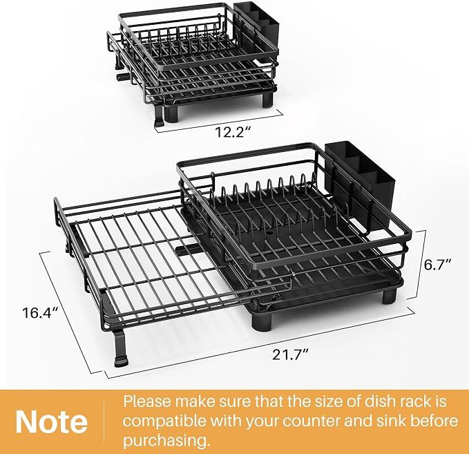Expandable Dish Drying Rack for Kitchen Counter, Stainless Steel, Black | Foldable Over Sink, Large Capacity, Adjust to Fit Most Sinks, Angled Drainboard, Removable Utensil Holder, Slip Resistant - Image 6