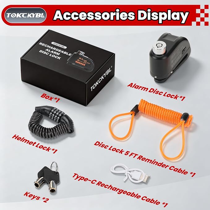 Rechargeable Motorcycle Disc Lock with 120dB Alarm | 5FT Reminder Cable with Anti-Theft Helmet Lock Cable, IP67 Waterproof, Universal Fit for Motorcycle Bike Scooter Ebike - Image 8