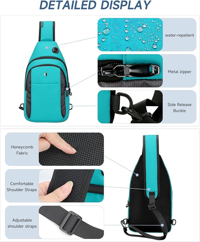 Anti-Theft Sling Bag for Women, Water Resistant Crossbody Backpack, Travel Hiking Chest Pack, Summer Travel Essentials for Beach, Theme Park & College, Fits 11 inch iPad & Switch 2, Turquoise - Image 5