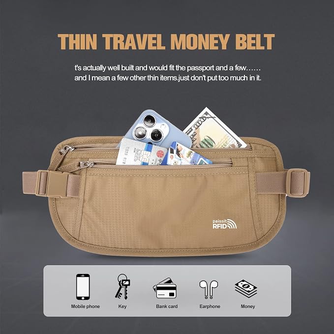Unisex Money Belt For Men and Women, Slim Passport Holder RFID Blocking Travel Essentials Pouch with Adjustable Strap Small Waist Pouch for Workout Running Travelling Hiking, Beige - Image 3