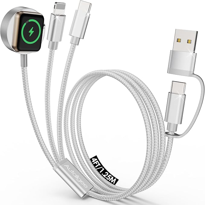 Travel Essentials,Multi Charging Cable for Apple Watch iPhone Charger White | 4FT for Airplane Gadgets RV Essentials for iWatch Ultra/10-2/iPhone 17-11/Samsung S25-S20,airPods,Car by Autallgee