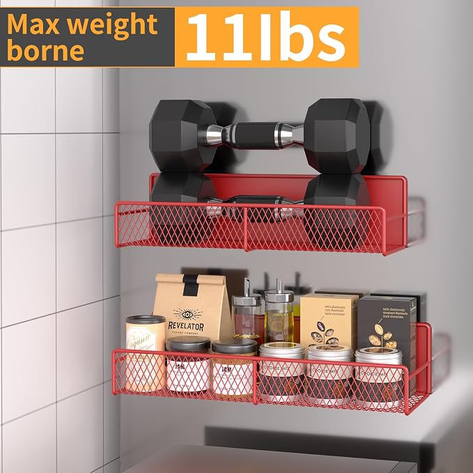 DTUQYX Magnetic Spice Rack for Refrigerator, 4 Pack 100% Metal Strong Magnet Fridge Shelves, Space Saving Spice Organizer, No Drilling Moveable Home Kitchen Laundry Room Storage Organization, Red - Image 3