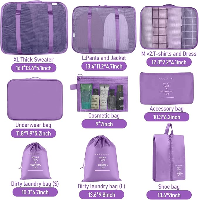 Packing Cubes for Travel- 8 Set Luggage Organizer Bags for Family, Mesh Breathable Travel Packing Cubes for Suitcases Durable Travel Essentials Bags Set (Purple, 10 Set) - Image 2