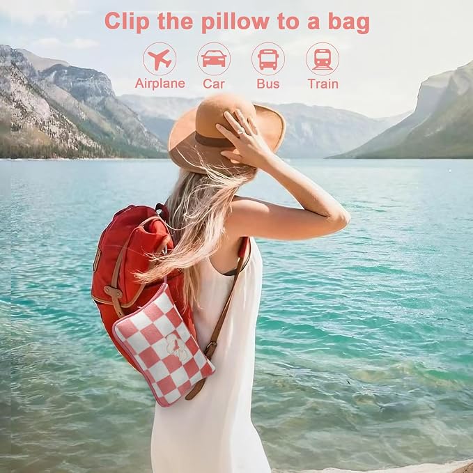 Travel Blanket and Pillow Compact, Premium Soft 2 in 1 Airplane Blanket with Soft Bag Pillowcase，Hand Luggage Sleeve and Backpack Clip (Ckeckered Pink) - Image 2
