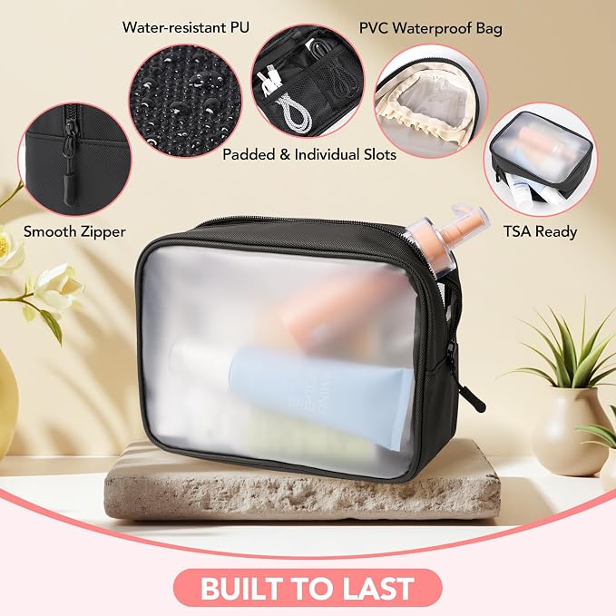 5-Piece Travel Toiletry Bag for Women, Organize Toiletries & Cosmetics | Personal Travel Essentials, with Hanging Toiletry Bag, Clear Cosmetic Bag, Makeup Bag, Jewelry Case & Cable Pouch - Black - Image 5