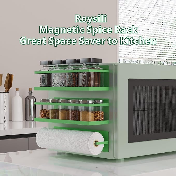 Magnetic Spice Rack For Refrigerator Magnetic Fridge Shelf For Kitchen Spice Organizer Magnetic Shelf For Fridge Space Saving Green 4 Pack With Magnetic Paper Towel Holder - Image 5