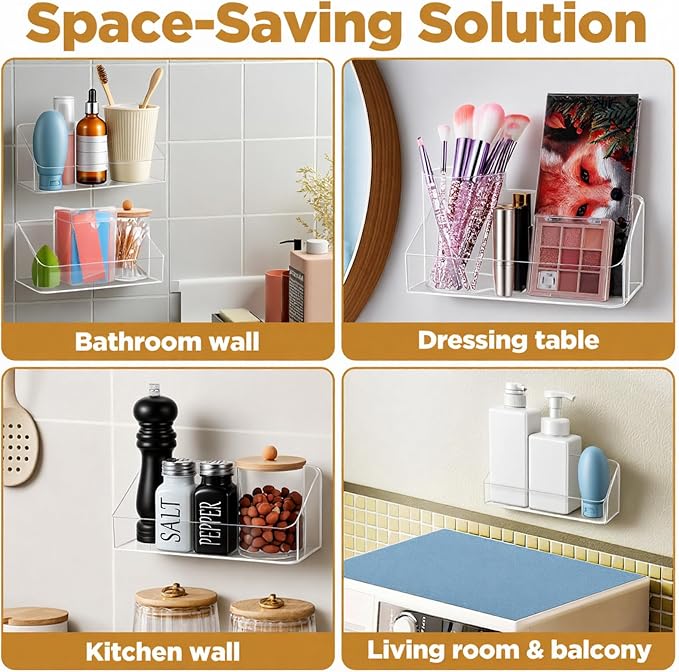 4 Pack Clear Wall Mounted Storage Organizer – No Drill Adhesive Shelves for Bathroom, Kitchen, Bedroom, Mirror Cabinets – Transparent PS Plastic Organizer Bins (7.9” x 3.4” x 3.3”) - Image 5