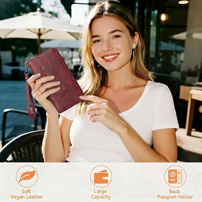 BELTANA Wallet Women RFID Blocking Large Capacity Wristlet Wallets for Women Butterfly Embossed Vegan Leather Clutch Purses with Card & Passport Holder (Red-Butterfly) - Image 2