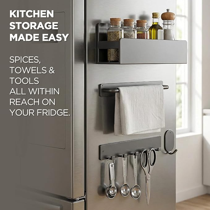 4 Pack Magnetic shelf with Hooks, No Drill for Kitchen & Laundry Organizer | 4-Piece Fridge Side Storage Solution with Basket, Hooks & Rack, Space Saving Organizer for Apartments - Image 2