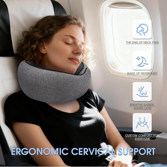 Neck Travel Pillows for Airplanes Memory Foam Neck Comfort Pillow Compact Ergonomic Design Sleeping Essentials for Long Flights Car Rides and Home Use (Grey) - Image 3